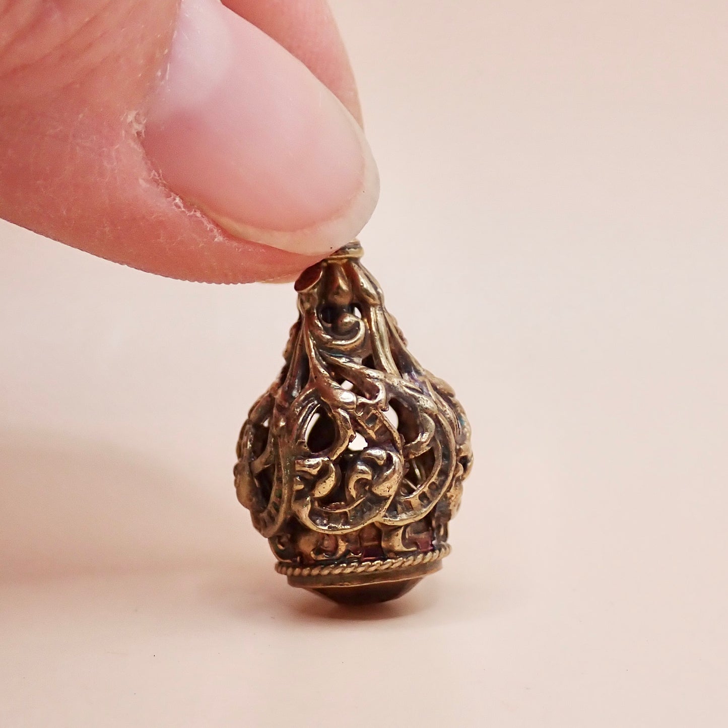 Rare Victorian 14K Gold "Lantern" Filigree Cage Charm with Honey Citrine