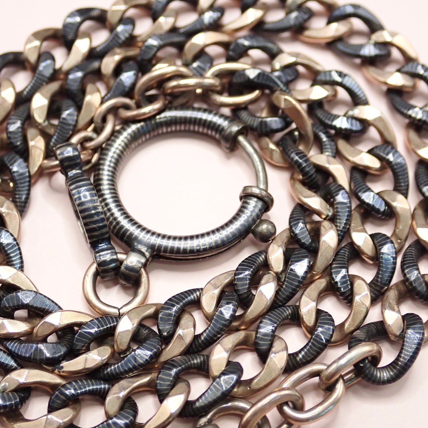 Antique Victorian 800 Niello Silver & 12k Rose Gold Watch Chain Necklace, 18.5"inches MBP5