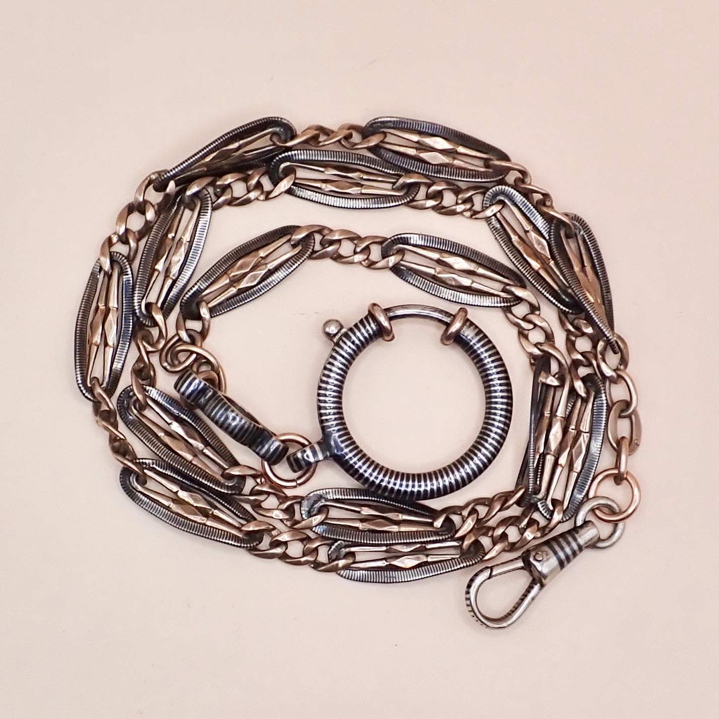 Antique Victorian .800 Silver & 9K Rose Gold Vermeil Niello Trombone Link Necklace MB66
