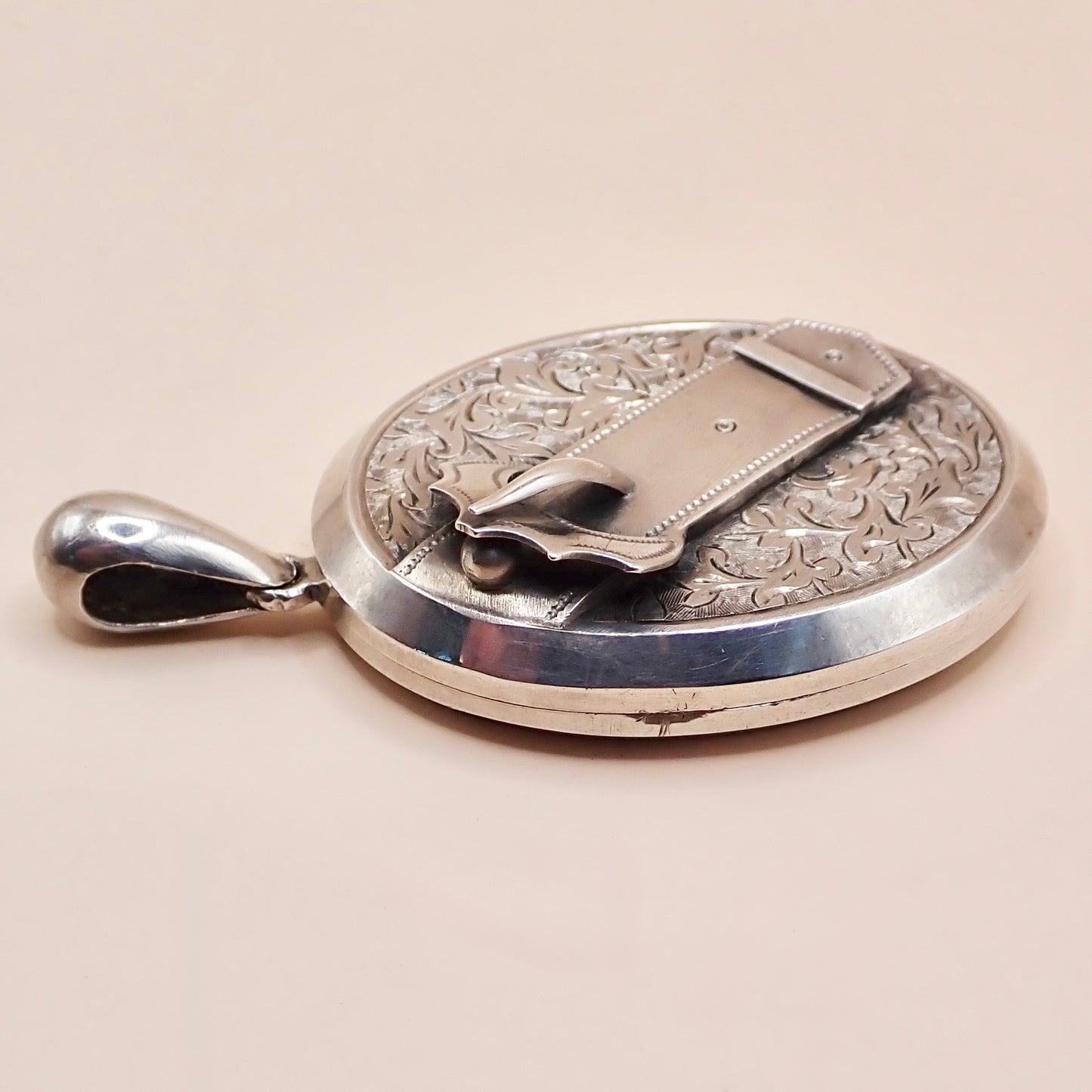 Antique 1879 Sterling Silver Victorian "Belt Buckle& Snowdrop" Locket Pendant