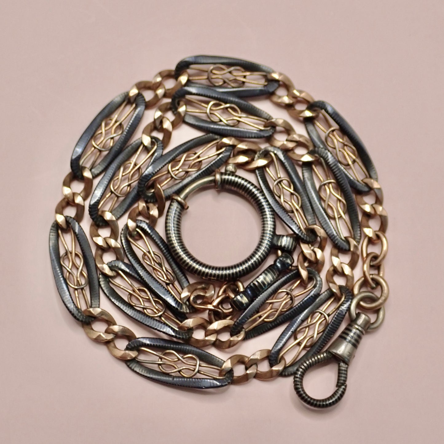 Antique Victorian "Lover's Knot" Open-Work 800 Niello & Rose Gold Vermeil Pocket Wactch Chain, 19-1/8” inches MBP2