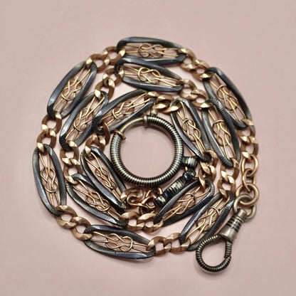 Antique Victorian "Lover's Knot" Open-Work 800 Niello & Rose Gold Vermeil Pocket Wactch Chain, 19-1/8” inches MBP2