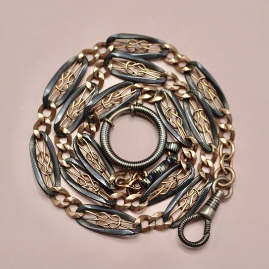 Antique Victorian "Lover's Knot" Open-Work 800 Niello & Rose Gold Vermeil Pocket Wactch Chain, 19-1/8” inches MBP2