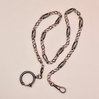 Antique Victorian Niello Silver & 9k Rose Gold Vermeil Pocket Watch Chain Necklace MB72