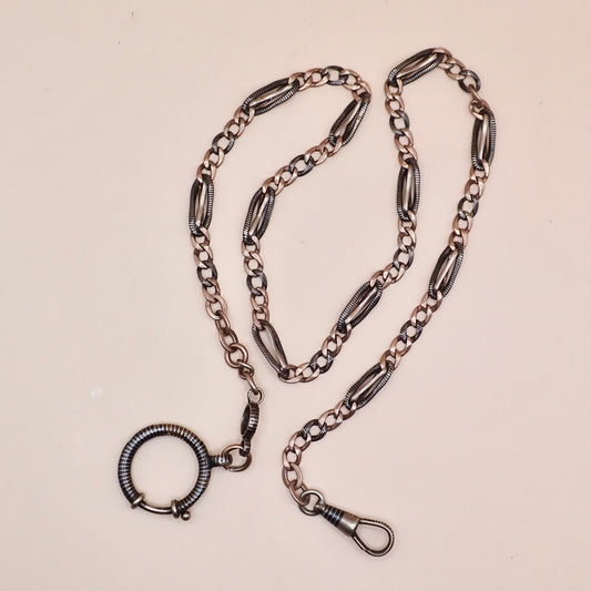 Antique Victorian Niello Silver & 9k Rose Gold Vermeil Pocket Watch Chain Necklace MB72