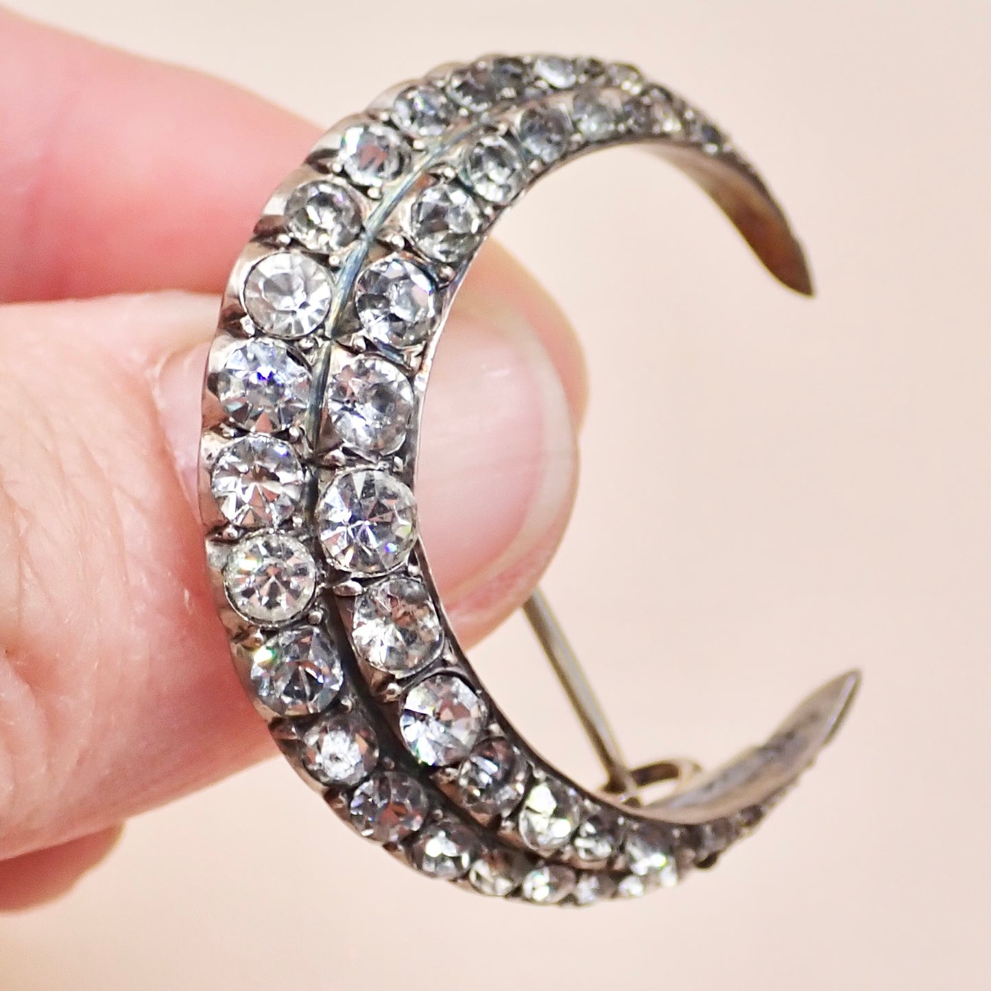Antique Victorian 835 Silver "Paste Diamond" Crescent Moon Pin Brooch
