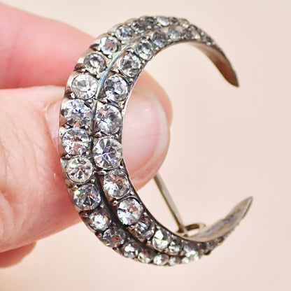 Antique Victorian 835 Silver "Paste Diamond" Crescent Moon Pin Brooch