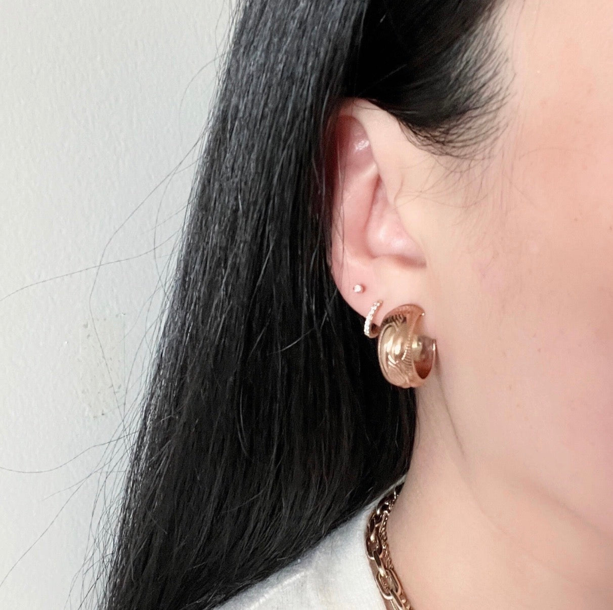Vintage 14K Rose Gold Etched "Cigar" Hoop Earrings