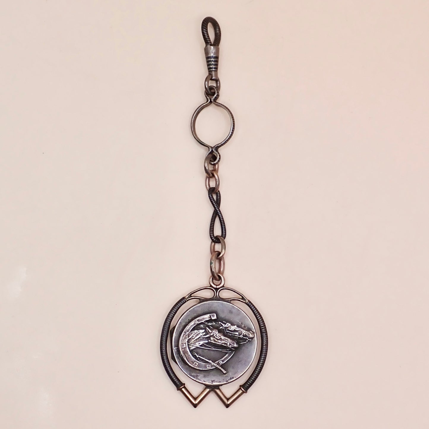 Antique Victorian .800 Silver & 12K Rose Gold Niello Equestrian "Short Drop" Fob Pendant MBP9