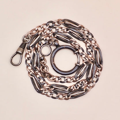 Antique Victorian Niello Silver & 9k Rose Gold Vermeil Pocket Watch Chain Necklace MB72