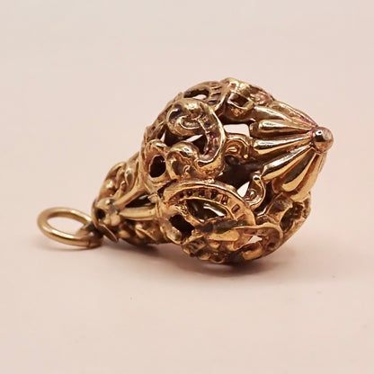 Antique Victorian Revival 14K Yellow Gold Filigree Lantern Cage Pendant