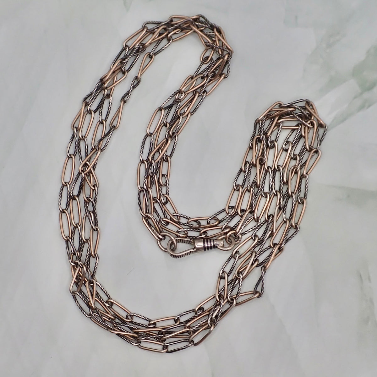 Antique Victorian Niello & Rose Gold Vermeil Long Guard Chain Necklace, 57.5" inches, 20.2g MB101