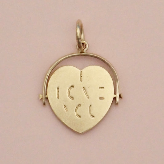 Vintage 1981 English 9ct Yellow Gold Heart 'I Love You' Spinner Pendant