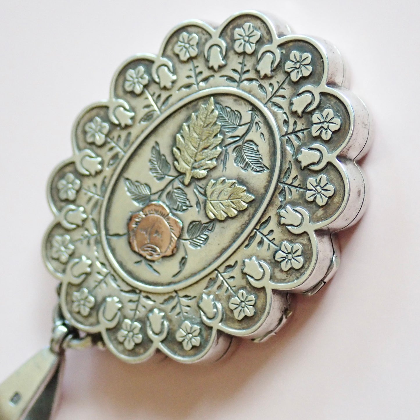 1881 Antique Victorian Birmingham Tricolor Sterling Silver Scalloped Flower Locket Pendant