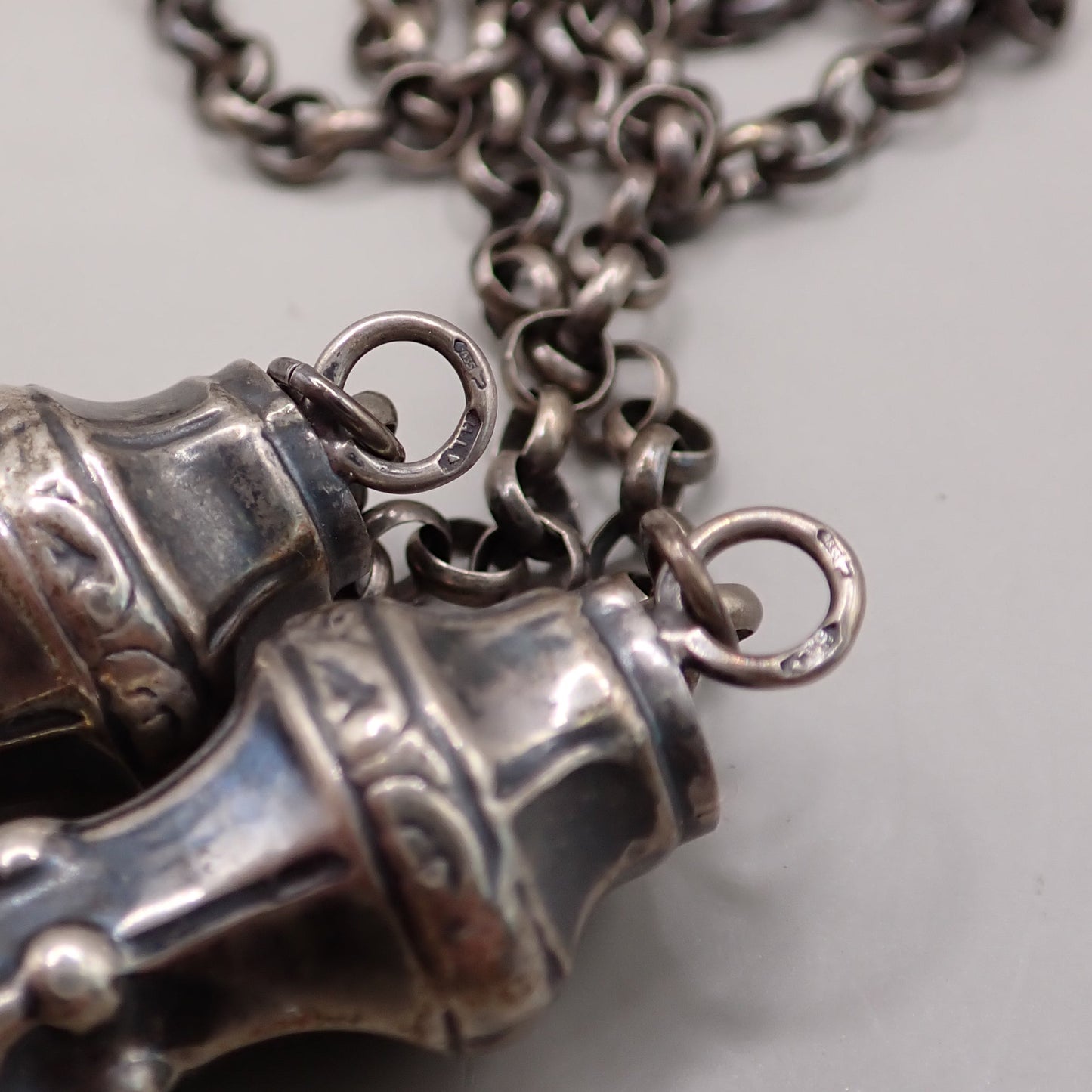 Antique Dutch 835 Silver Jasseron Chain with Ornate Needle Cap Pendants