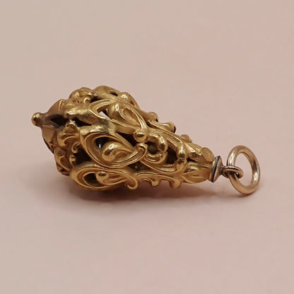 Mid-Century Solid 14K Yellow Gold Victorian Revival Filigree Lantern Cage Pendant