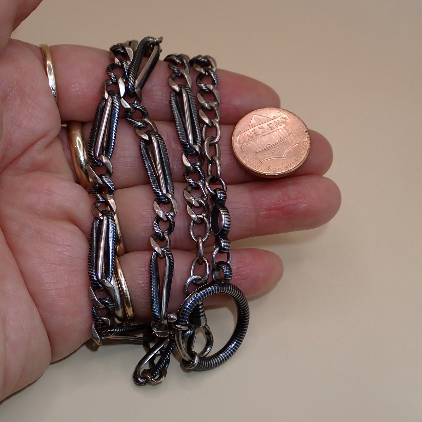 Antique Victorian 800 Silver Niello & Rose Gold Vermeil Pocket Watch Chain Necklace MB75