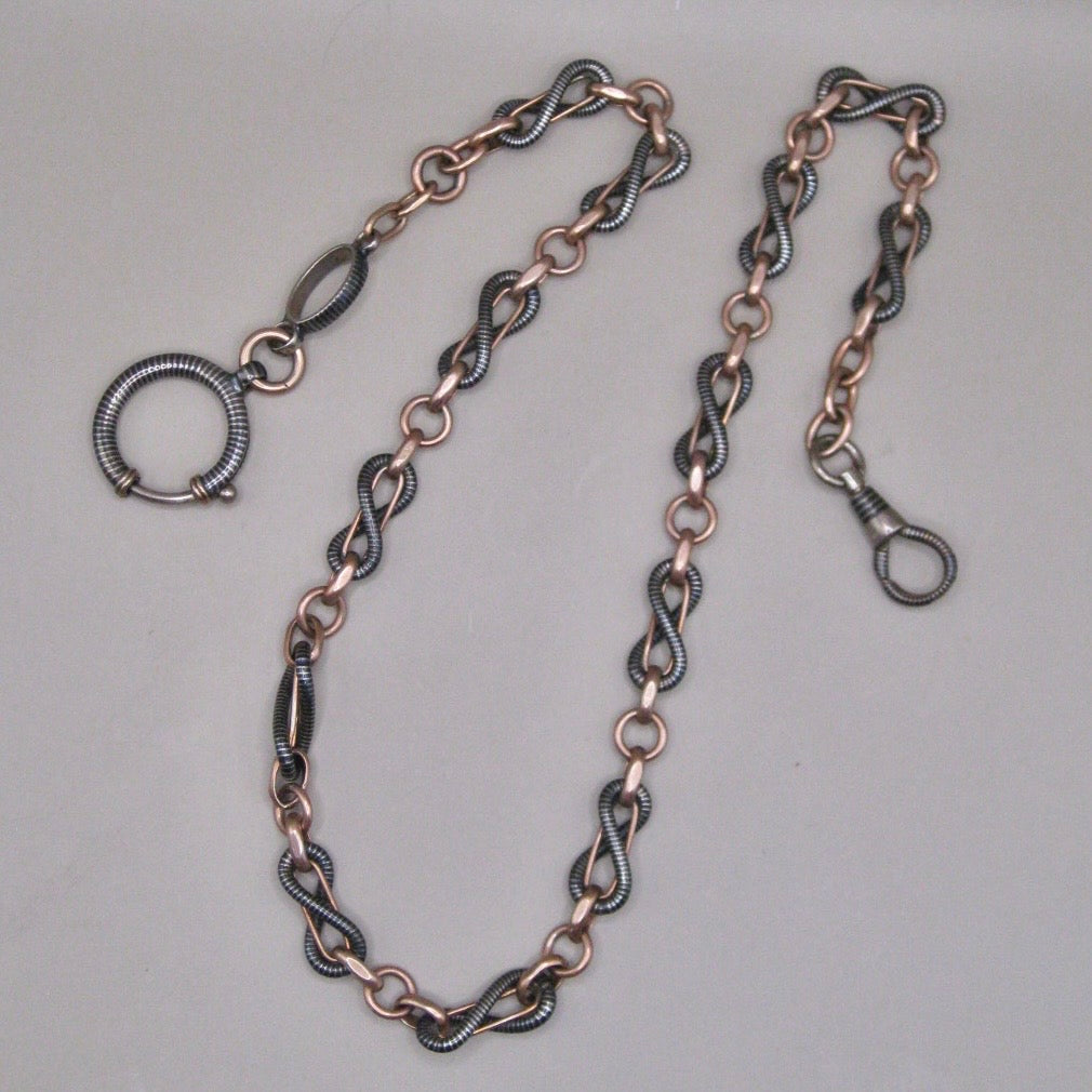 Antique Victorian 800 Silver Niello & 12k Rose Gold Vermeil Pocket Wactch Chain, 18-1/8”inches MBP1