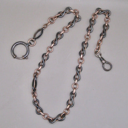 Antique Victorian 800 Silver Niello & 12k Rose Gold Vermeil Pocket Wactch Chain, 18-1/8”inches MBP1