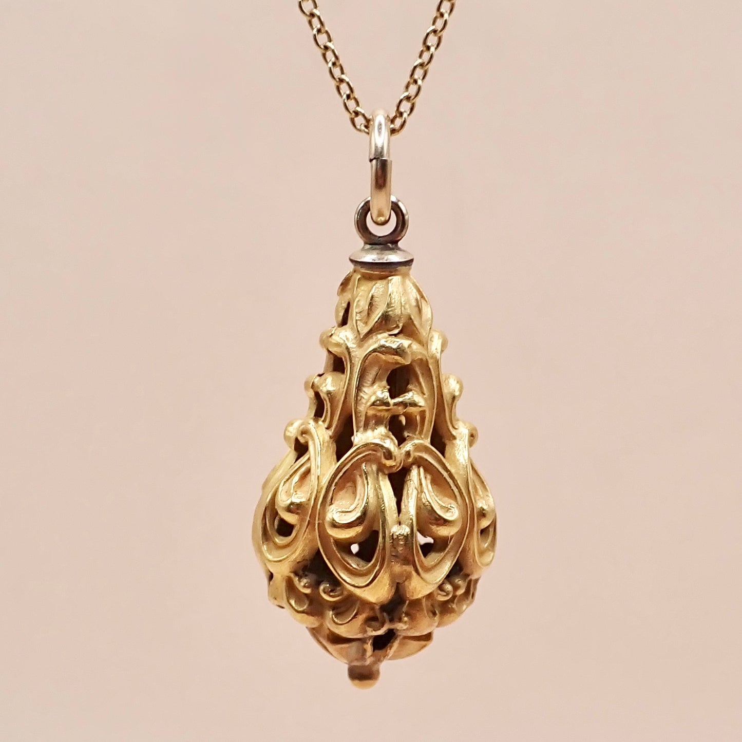 Mid-Century Solid 14K Yellow Gold Victorian Revival Filigree Lantern Cage Pendant