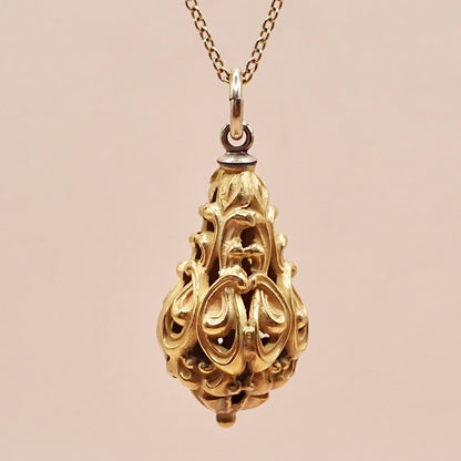 Mid-Century Solid 14K Yellow Gold Victorian Revival Filigree Lantern Cage Pendant