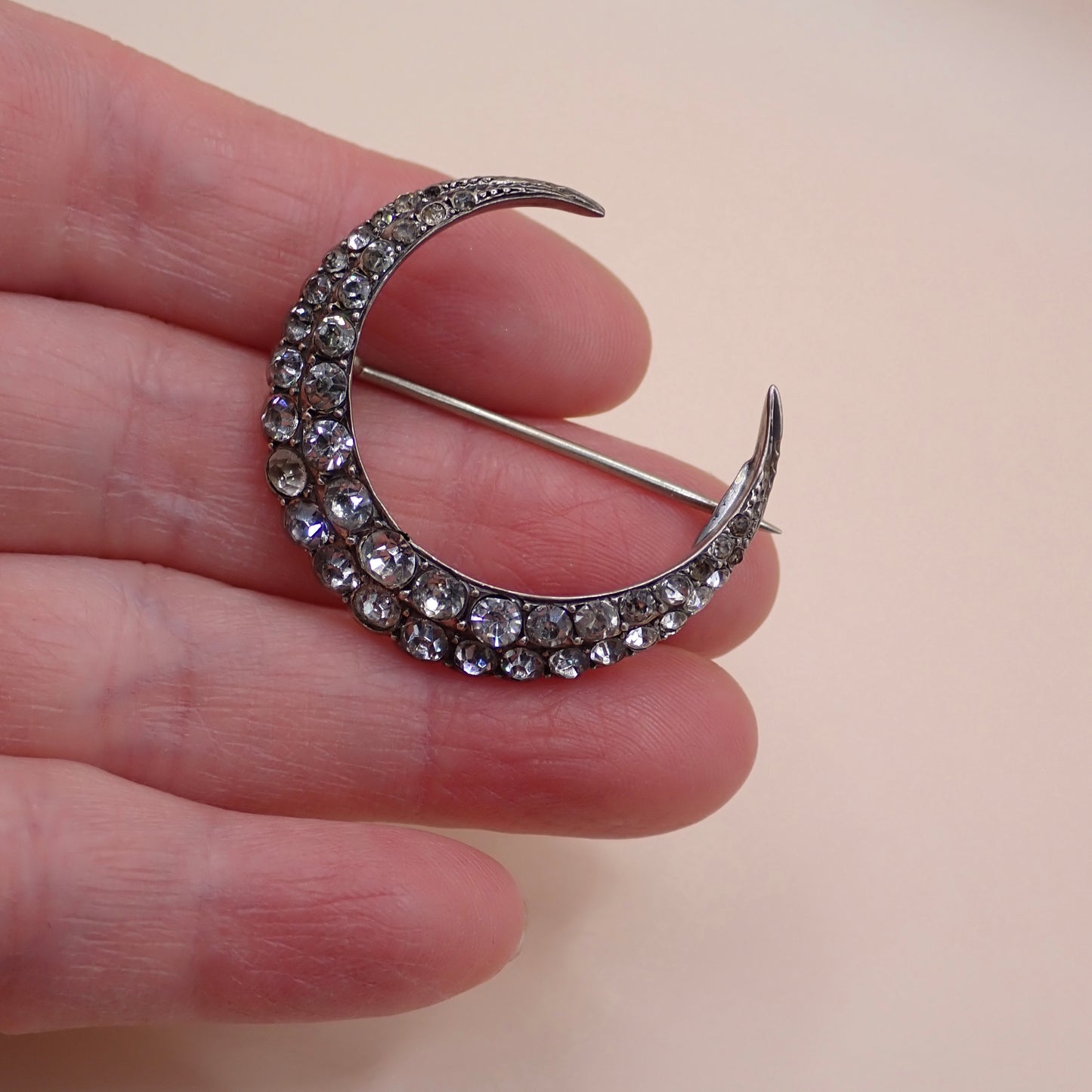 Antique Victorian 835 Silver "Paste Diamond" Crescent Moon Pin Brooch