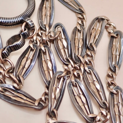 Antique Victorian .800 Silver & 9K Rose Gold Vermeil Niello Trombone Link Necklace MB66