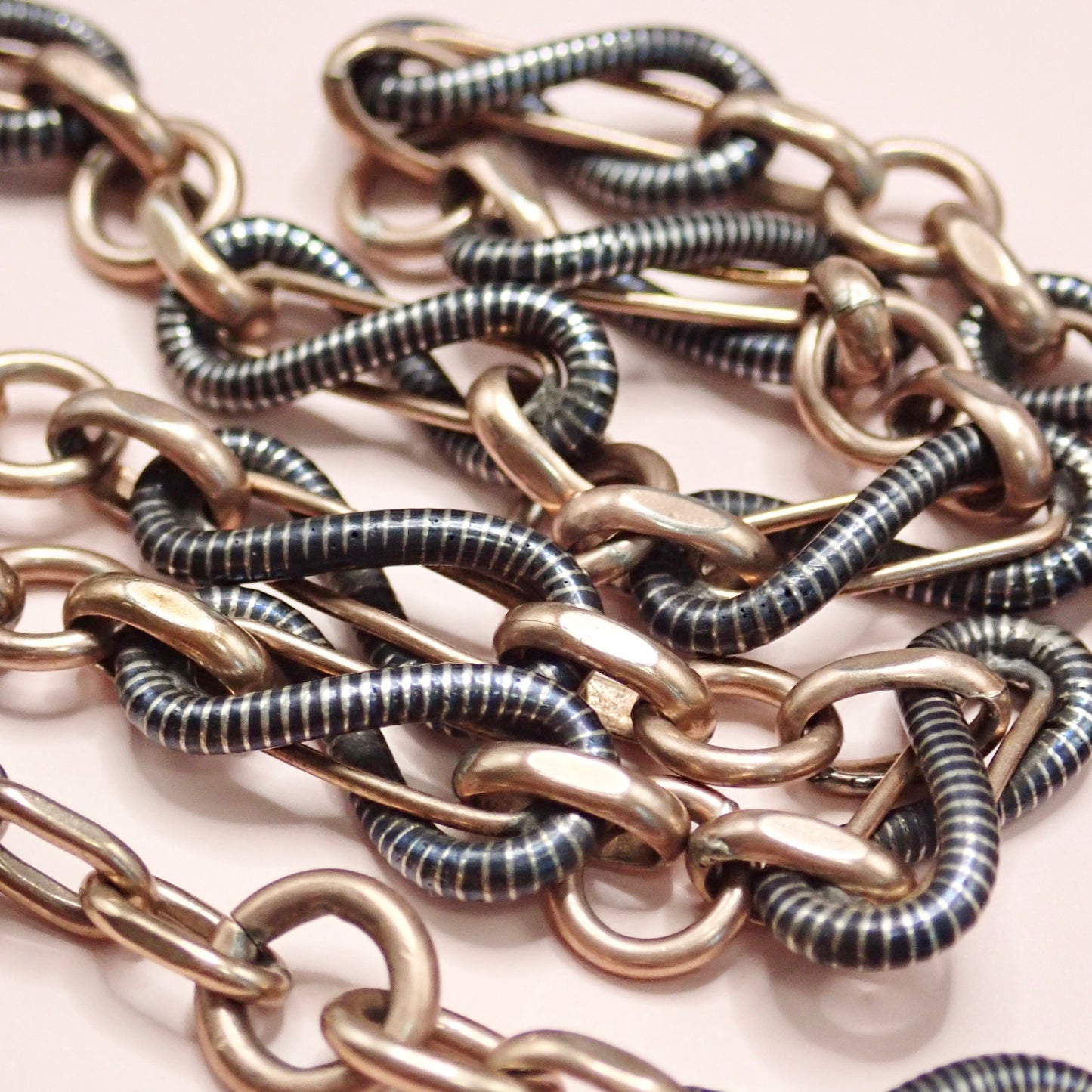 Antique Victorian 800 Silver Niello & 12k Rose Gold Vermeil Pocket Wactch Chain, 18-1/8”inches MBP1