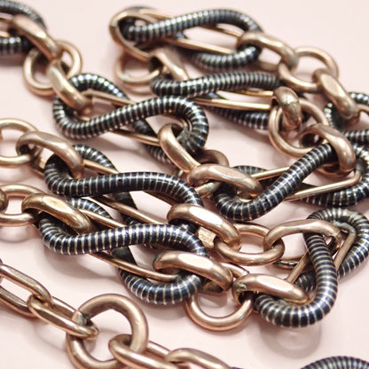 Antique Victorian 800 Silver Niello & 12k Rose Gold Vermeil Pocket Wactch Chain, 18-1/8”inches MBP1