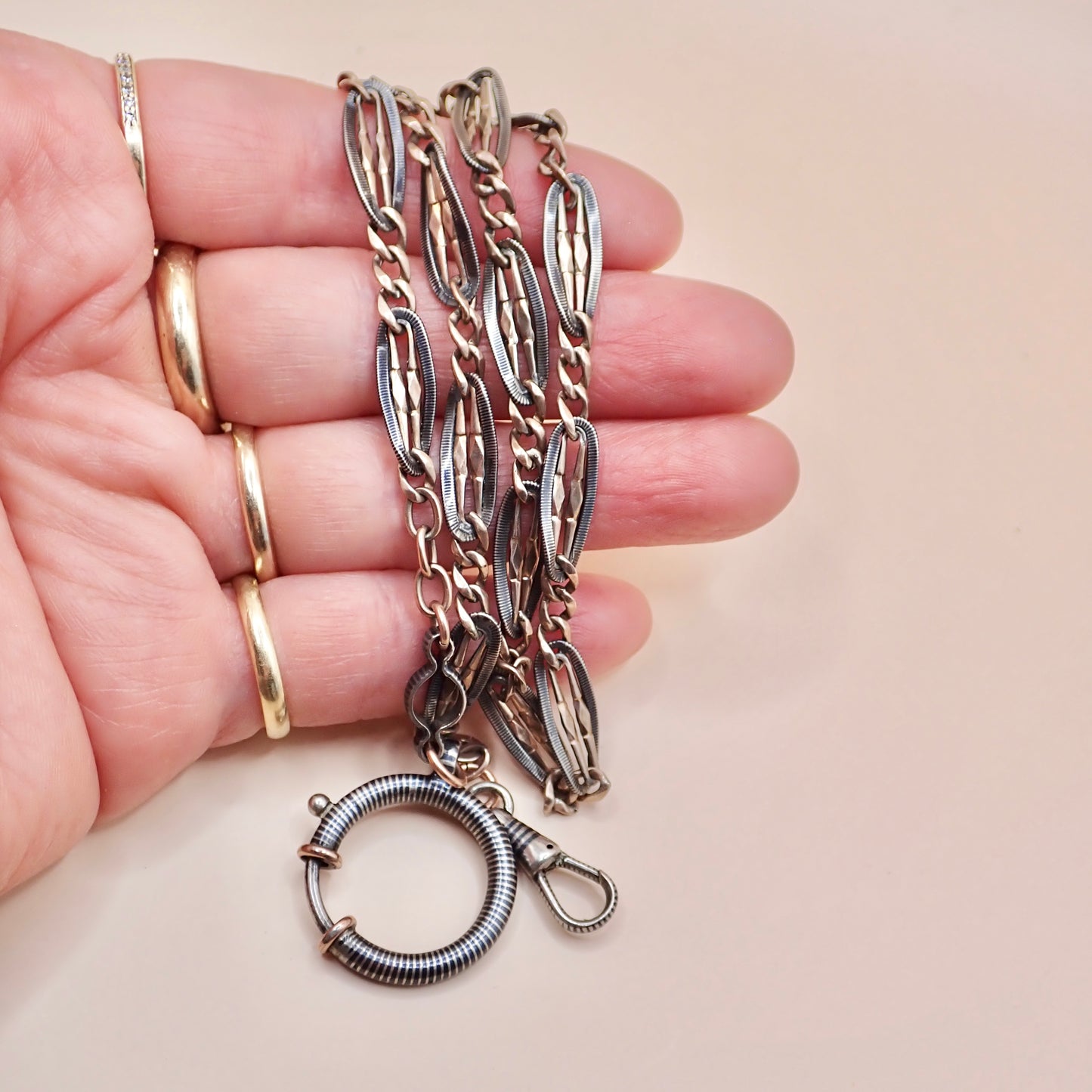 Antique Victorian .800 Silver & 9K Rose Gold Vermeil Niello Trombone Link Necklace MB66