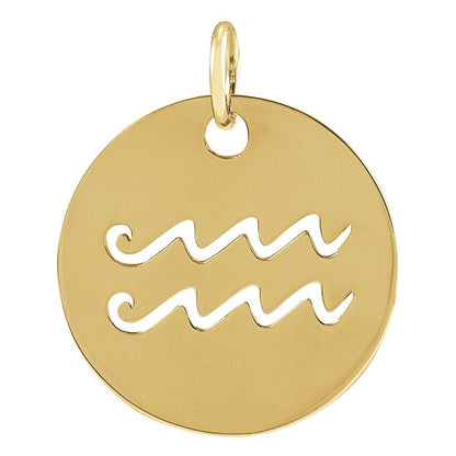 14K Yellow Gold 16.5 mm Aquarius Zodiac Disc Charm Pendant