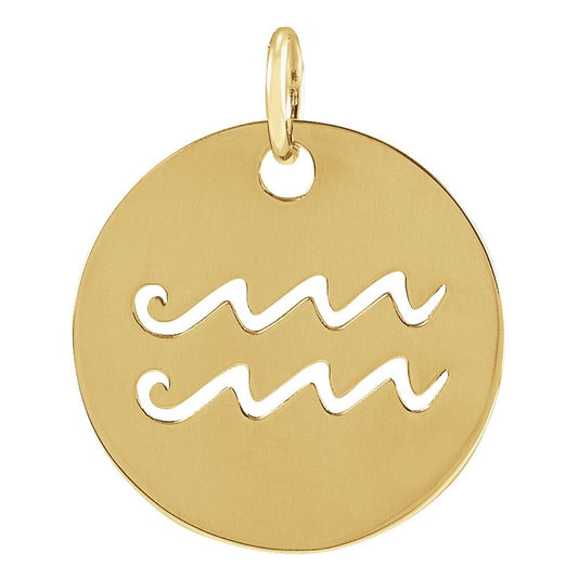 14K Yellow Gold 16.5 mm Aquarius Zodiac Disc Charm Pendant