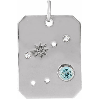 Solid 925 Sterling Silver Natural Aquamarine & .01 Natural Diamond Cancer Constellation Pendant