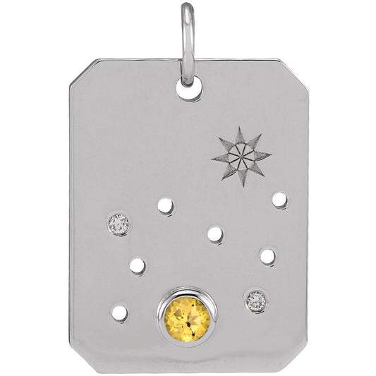 Solid 925 Sterling Silver Natural Citrine & .01 Natural Diamond Leo Lion Constellation Pendant