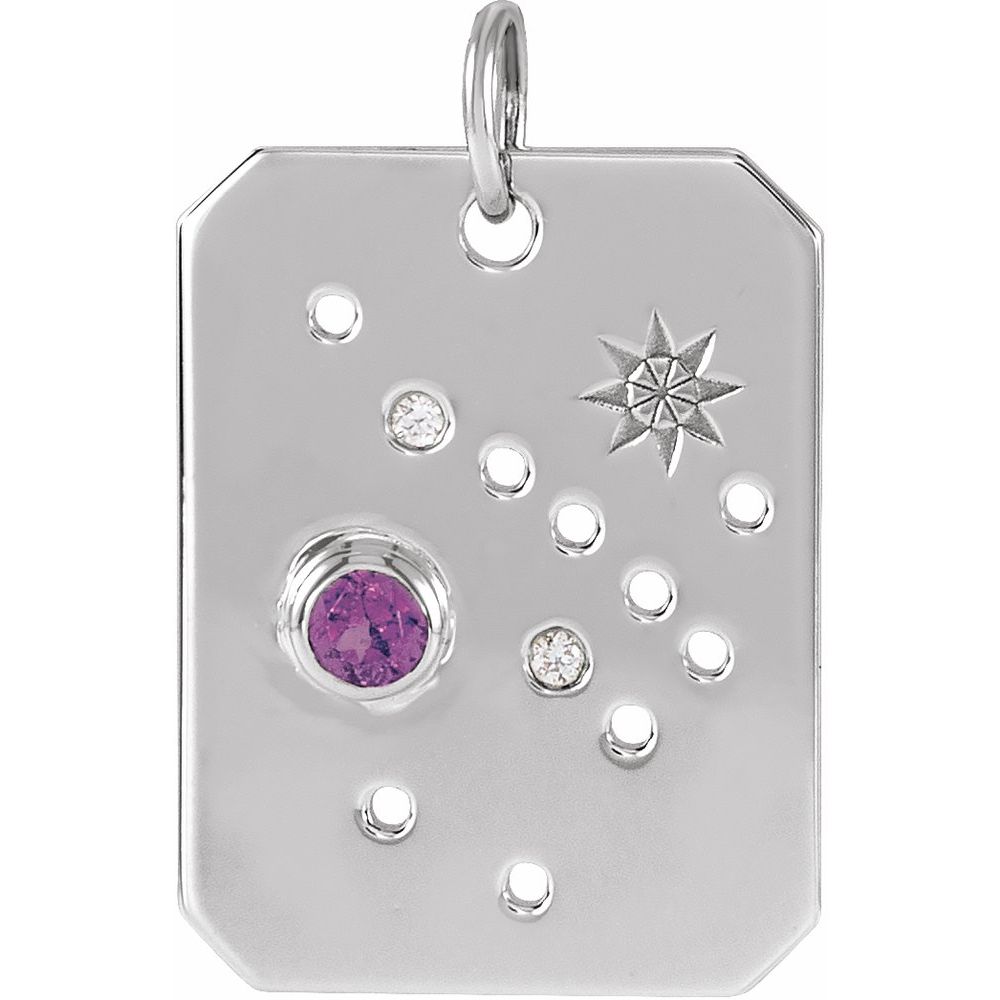 Solid 925 Sterling Silver Natural Amethyst & .01 Natural Diamond Sagittarius Constellation Pendant