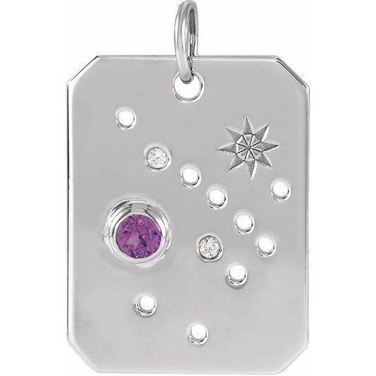 Solid 925 Sterling Silver Natural Amethyst & .01 Natural Diamond Sagittarius Constellation Pendant