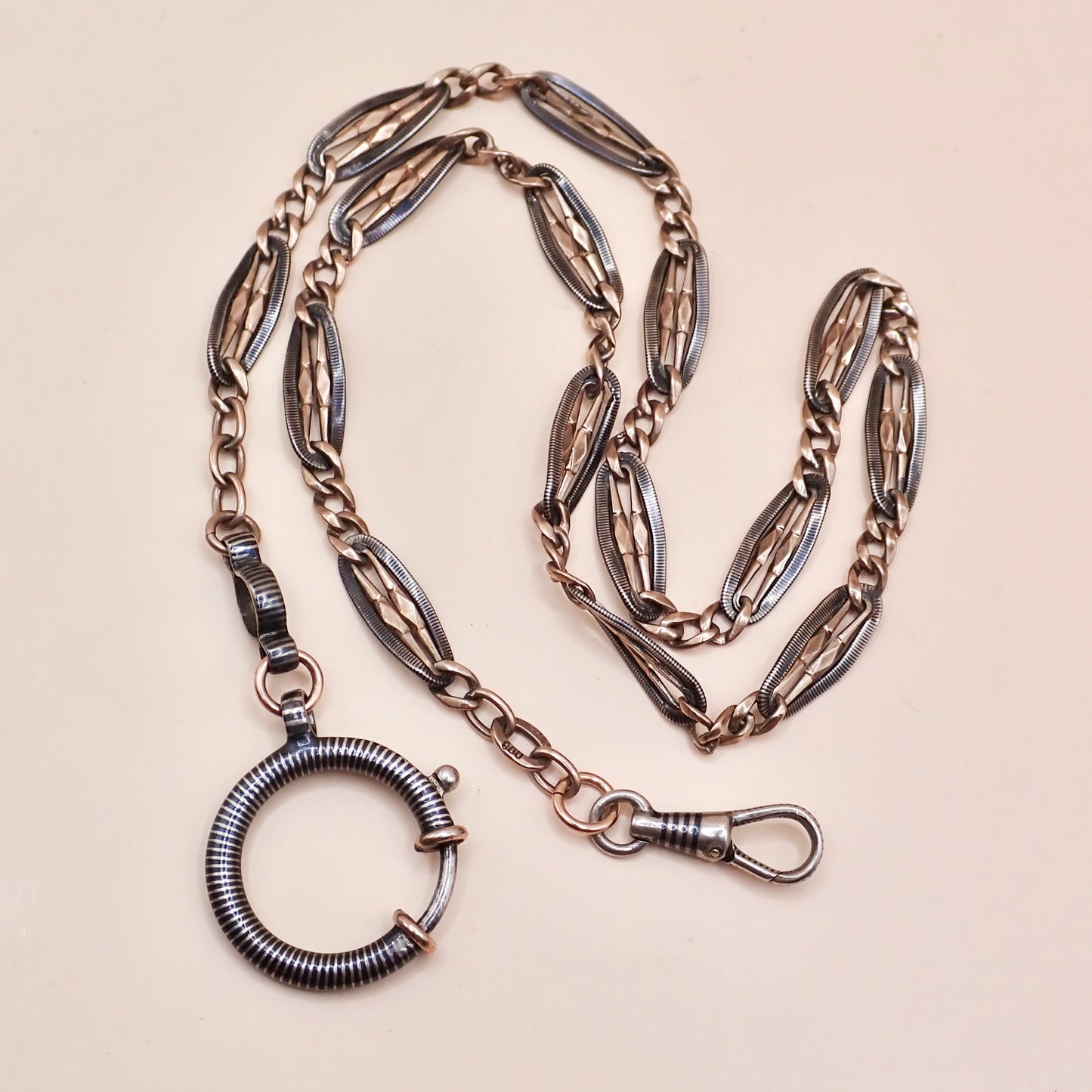 Antique Victorian .800 Silver & 9K Rose Gold Vermeil Niello Trombone Link Necklace MB66