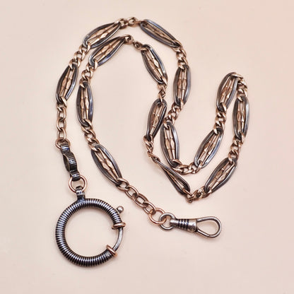 Antique Victorian .800 Silver & 9K Rose Gold Vermeil Niello Trombone Link Necklace MB66