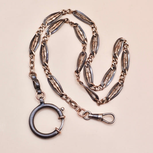 Antique Victorian .800 Silver & 9K Rose Gold Vermeil Niello Trombone Link Necklace MB66