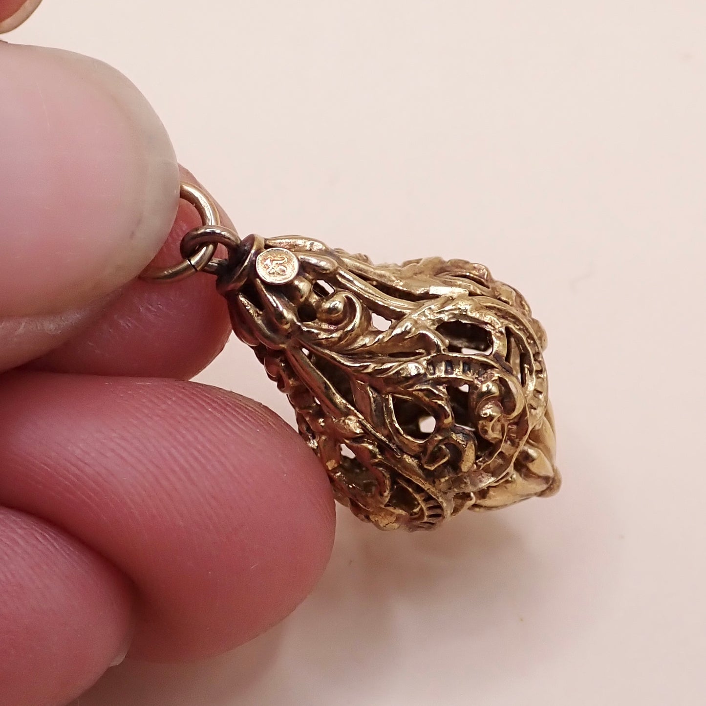 Antique Victorian Revival 14K Yellow Gold Filigree Lantern Cage Pendant