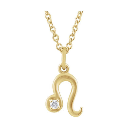 14K Yellow Gold .015 CT Natural Diamond Leo Lion Zodiac Charm 16-18" Necklace