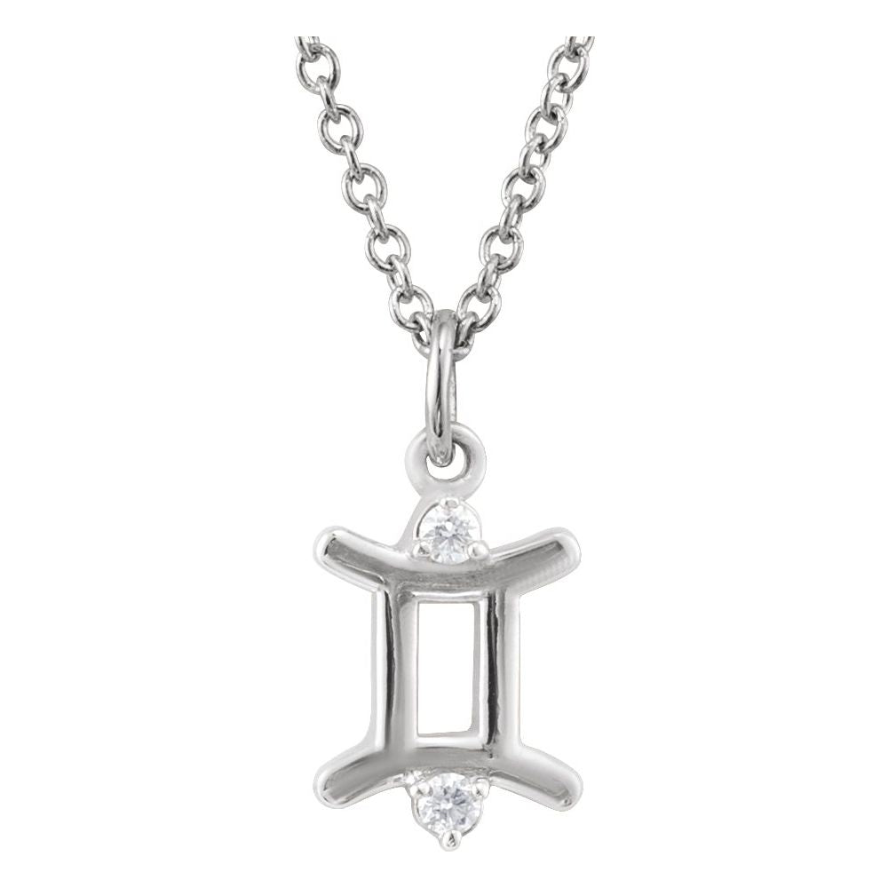 Solid 925 Sterling Silver .015 CT Natural Diamond Gemini Zodiac Charm 16-18" Necklace