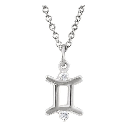 Solid 925 Sterling Silver .015 CT Natural Diamond Gemini Zodiac Charm 16-18" Necklace