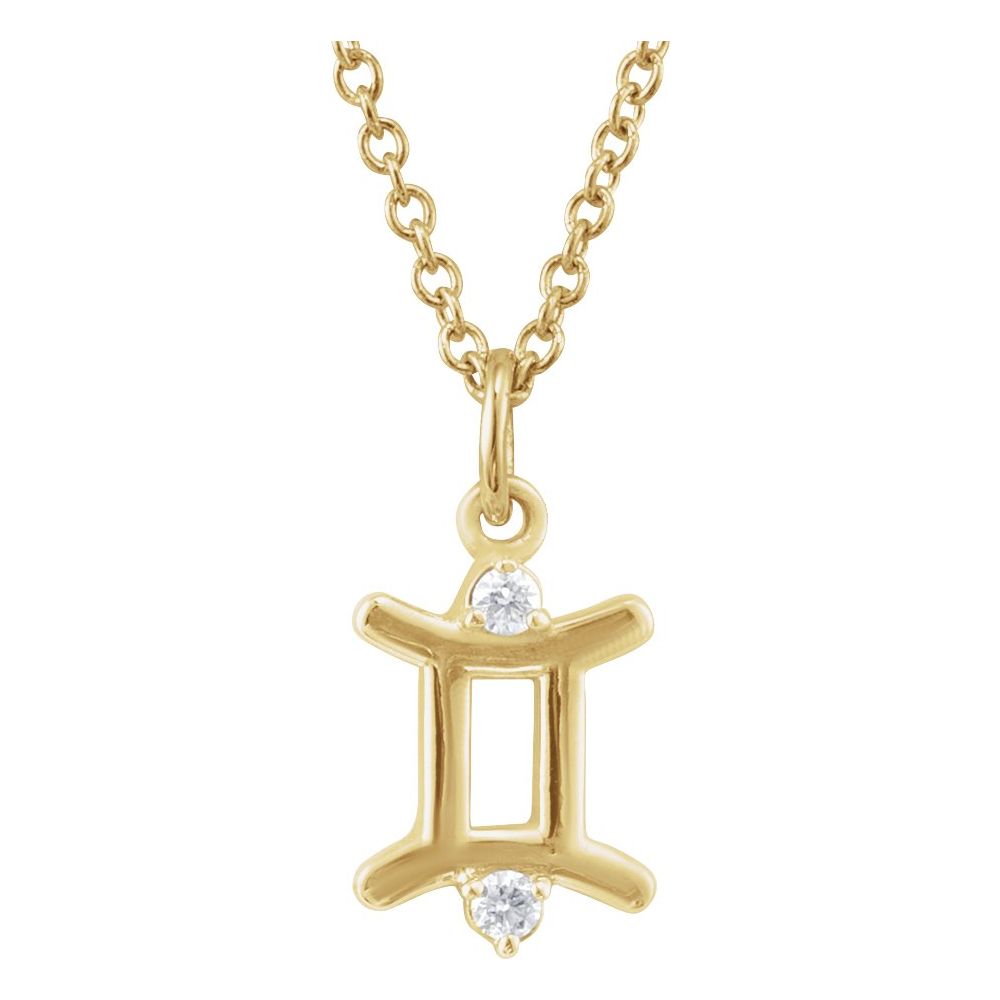 14K Yellow Gold .015 CT Natural Diamond Gemini Zodiac Charm 16-18" Necklace