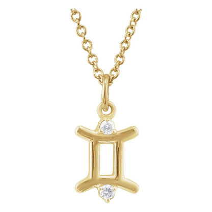 14K Yellow Gold .015 CT Natural Diamond Gemini Zodiac Charm 16-18" Necklace