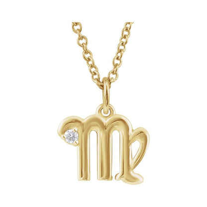 14K Yellow Gold .015 CT Natural Diamond Virgo Zodiac Charm 16-18" Necklace