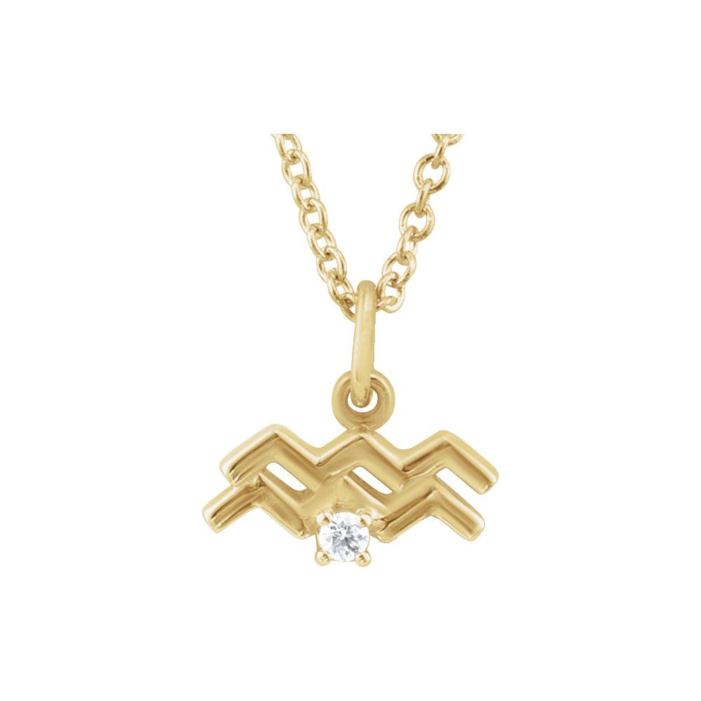 14K Yellow Gold .015 CT Natural Diamond Aquarius Zodiac Charm 16-18" Necklace