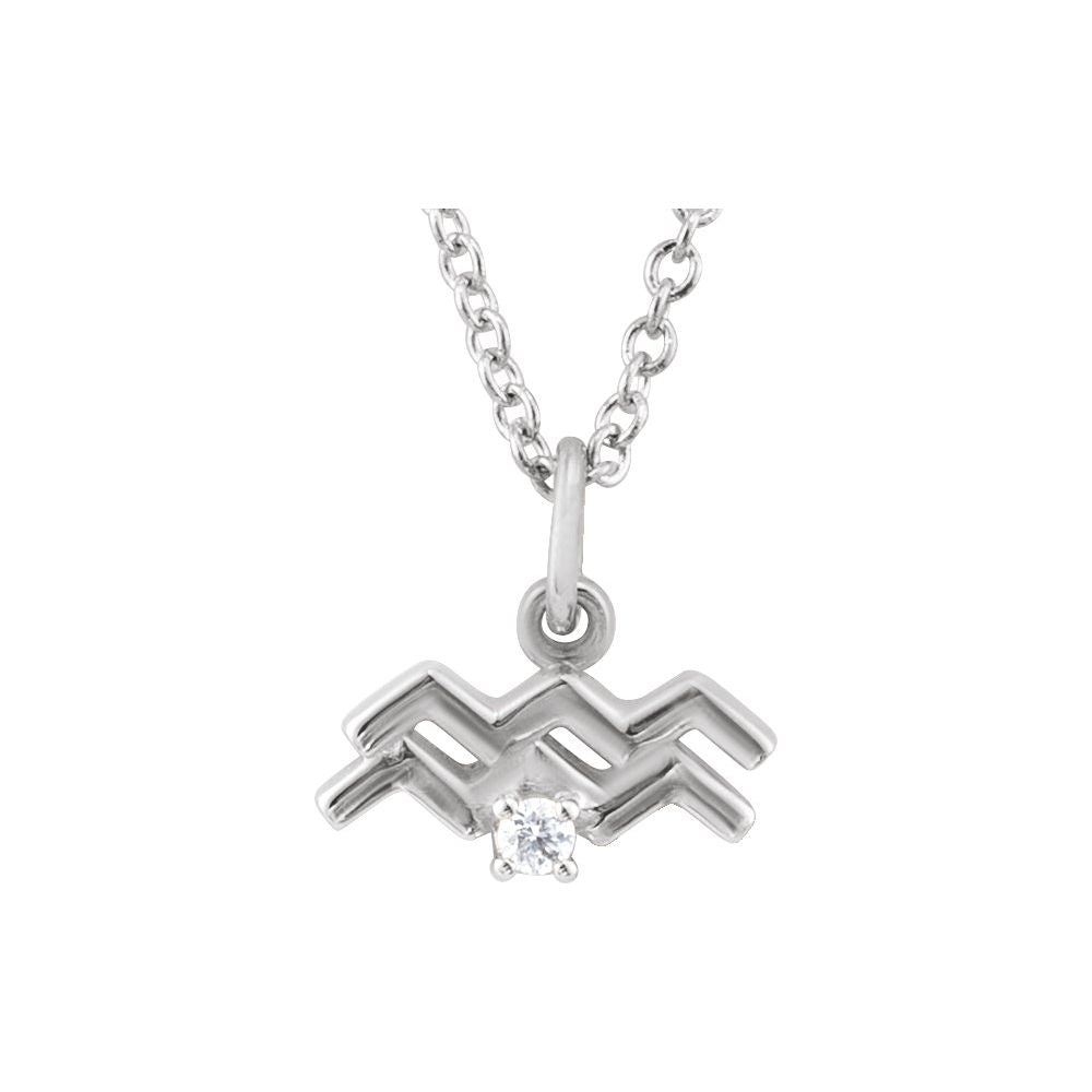 Solid 925 Sterling Silver .015 CT Natural Diamond Aquarius Zodiac Charm 16-18" Necklace