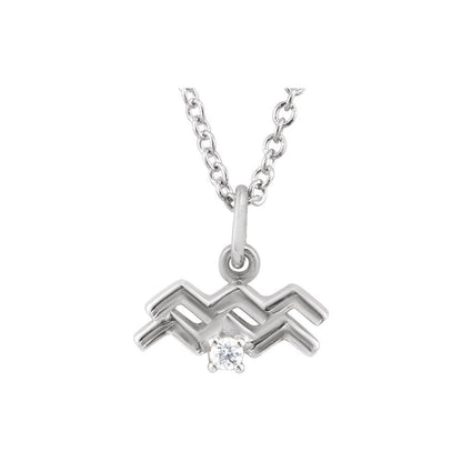 Solid 925 Sterling Silver .015 CT Natural Diamond Aquarius Zodiac Charm 16-18" Necklace