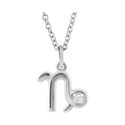 Solid 925 Sterling Silver .015 CT Natural Diamond Capricorn Zodiac Charm 16-18" Necklace